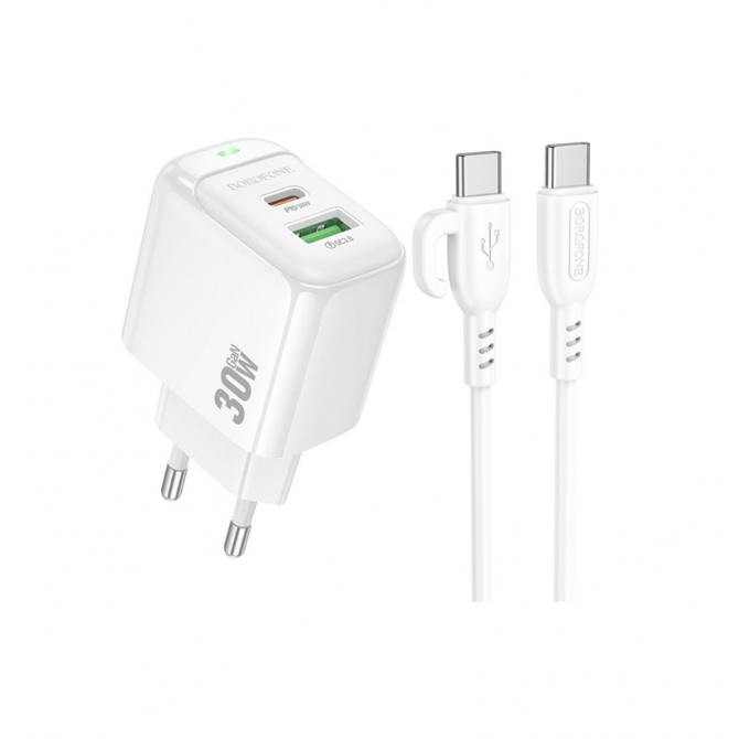 Сетевое зарядное устройство 1USB + Type-C Borofone BAS45A PD30W+QC3.0 White + Lightning Cable