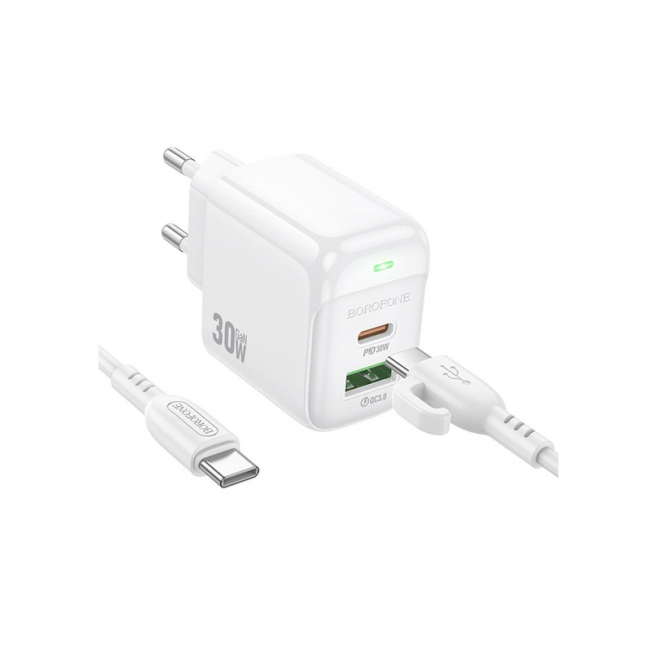 Сетевое зарядное устройство 1USB + Type-C Borofone BAS45A PD30W+QC3.0 White + Lightning Cable-1