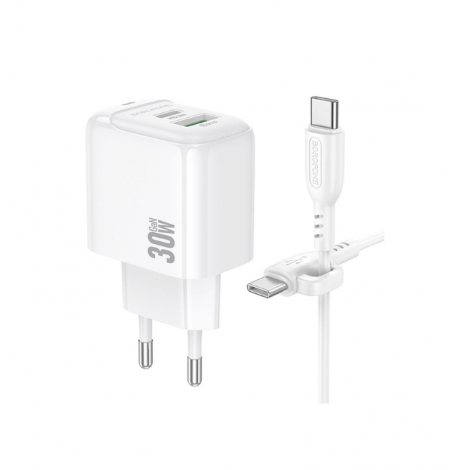 Сетевое зарядное устройство 1USB + Type-C Borofone BAS45A PD30W+QC3.0 White + Lightning Cable-2