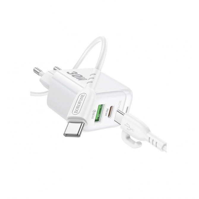 Сетевое зарядное устройство 1USB + Type-C Borofone BAS45A PD30W+QC3.0 White + Lightning Cable-3