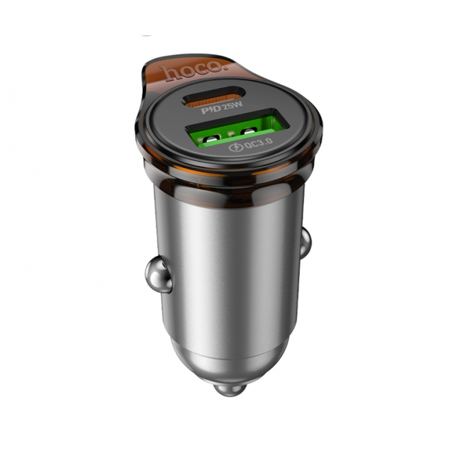 Автомобільний ЗП 1USB + Type-C Hoco NZ16A Rigorous 43W dual port PD25W + QC3.0 Metal Grey