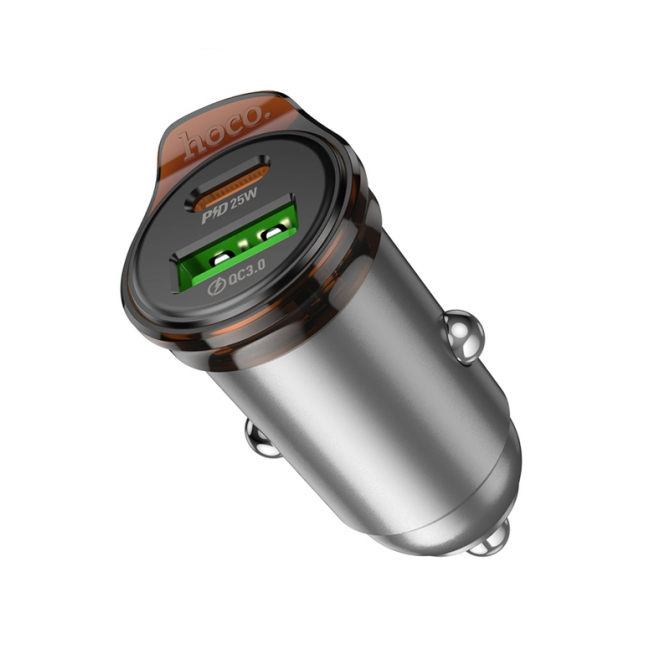 Автомобільний ЗП 1USB + Type-C Hoco NZ16A Rigorous 43W dual port PD25W + QC3.0 Metal Grey-1