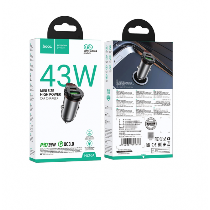 Автомобільний ЗП 1USB + Type-C Hoco NZ16A Rigorous 43W dual port PD25W + QC3.0 Metal Grey-4