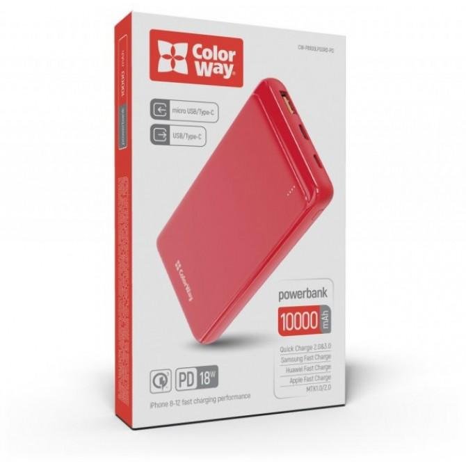 Додаткова батарея ColorWay 10 000 mAh Slim (USB QC3.0 + USB-C Power Delivery 18W) Red-2