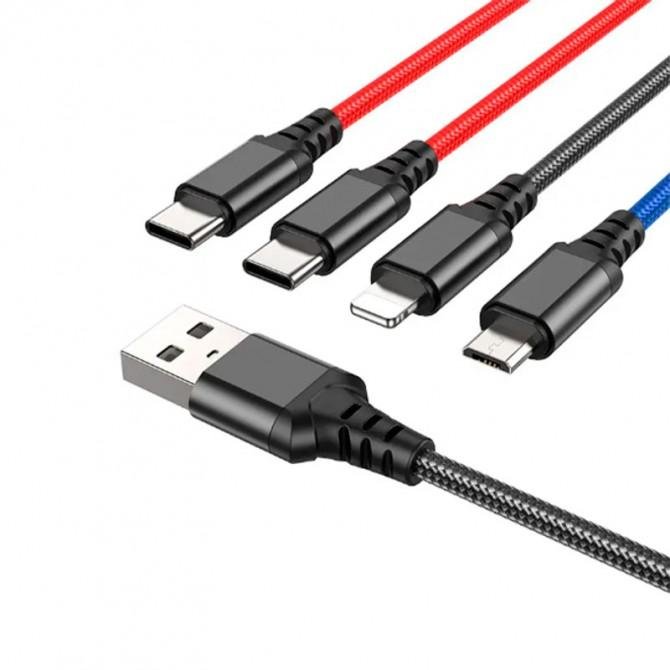 Кабель Hoco X76 4in1 Super charging cable (iP+iP+Type-C+Micro) Black/Red/Blue
