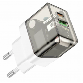 Сетевое зарядное устройство 1USB + Type-C Borofone BA80A Scenery PD20W+QC3.0 Transparent Black