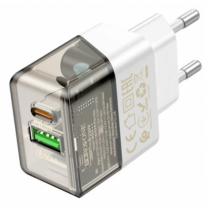 Сетевое зарядное устройство 1USB + Type-C Borofone BA80A Scenery PD20W+QC3.0 Transparent Black-1