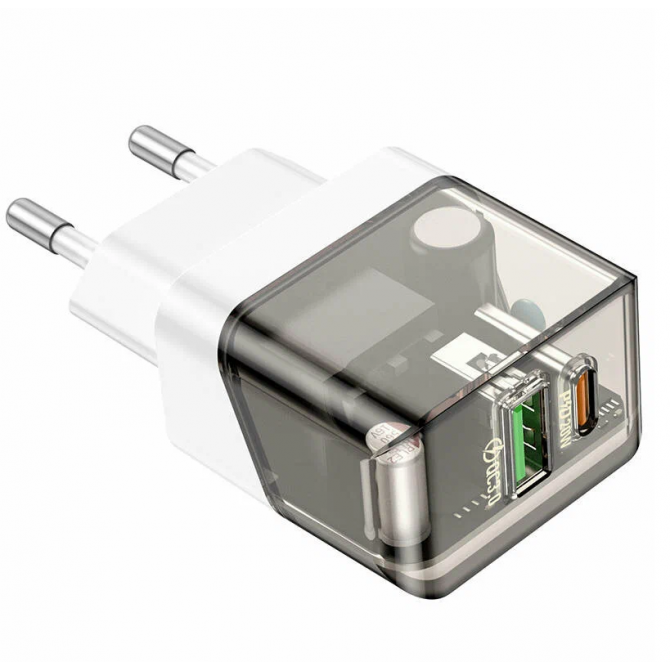 Сетевое зарядное устройство 1USB + Type-C Borofone BA80A Scenery PD20W+QC3.0 Transparent Black-2