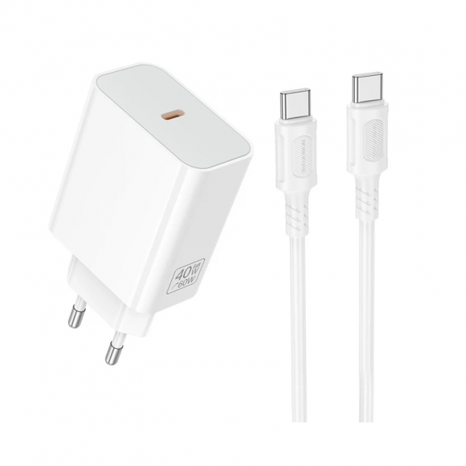 Сетевое зарядное устройство 1Type-C Borofone BA109A PD40W White + Type-C to Type-C