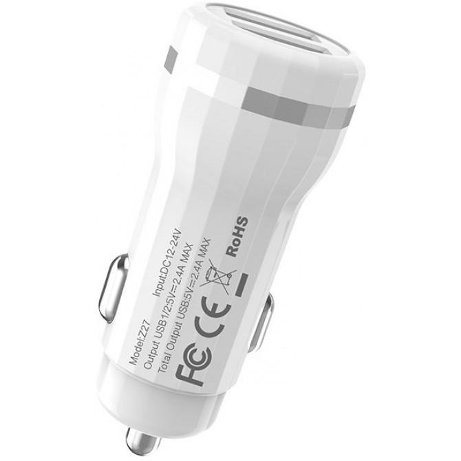 Автомобильное зарядное устройство АЗП 2USB Hoco Z27 White (2.4A)-3