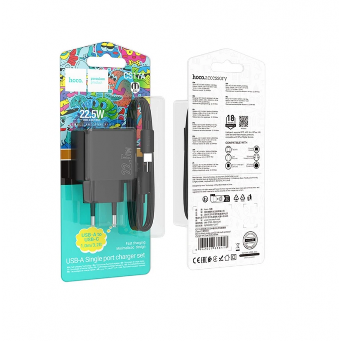 Мережевий зарядний пристрій 1USB Hoco CS17A Multi-Protocol 22.5W Black + Type-C Cable-4