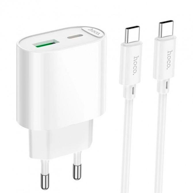Мережевий зарядний пристрій 1USB + Type-C Hoco C109A Fighter QC3.0 18W White + Cable Type-C