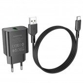 Мережевий зарядний пристрій 1USB Borofone BA72A Spring QC3.0 Black + Type-C Cable Мережевий зарядний пристрій 1USB Borofone BA72A Spring QC3.0 Black + Type-C Cable