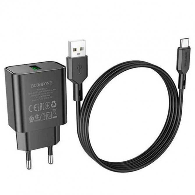 Мережевий зарядний пристрій 1USB Borofone BA72A Spring QC3.0 Black + Type-C Cable