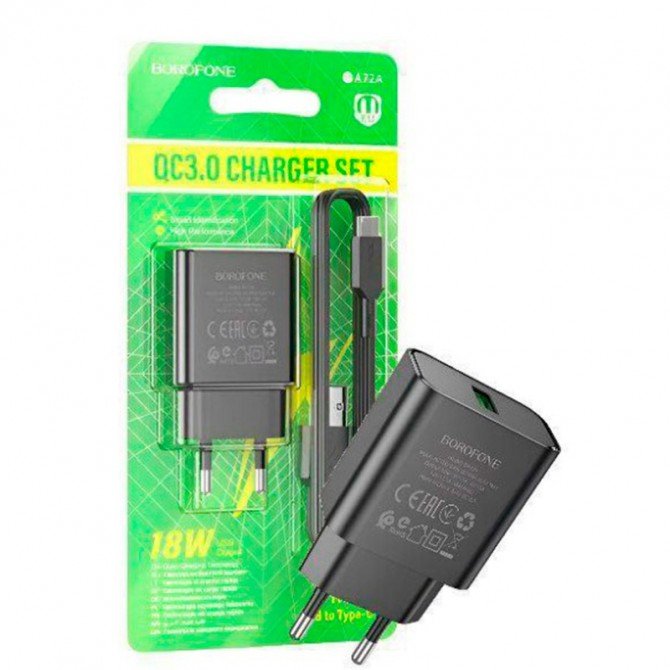 Мережевий зарядний пристрій 1USB Borofone BA72A Spring QC3.0 Black + Type-C Cable-1