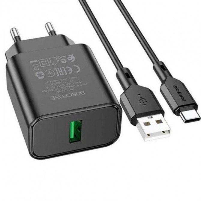 Мережевий зарядний пристрій 1USB Borofone BA72A Spring QC3.0 Black + Type-C Cable-2
